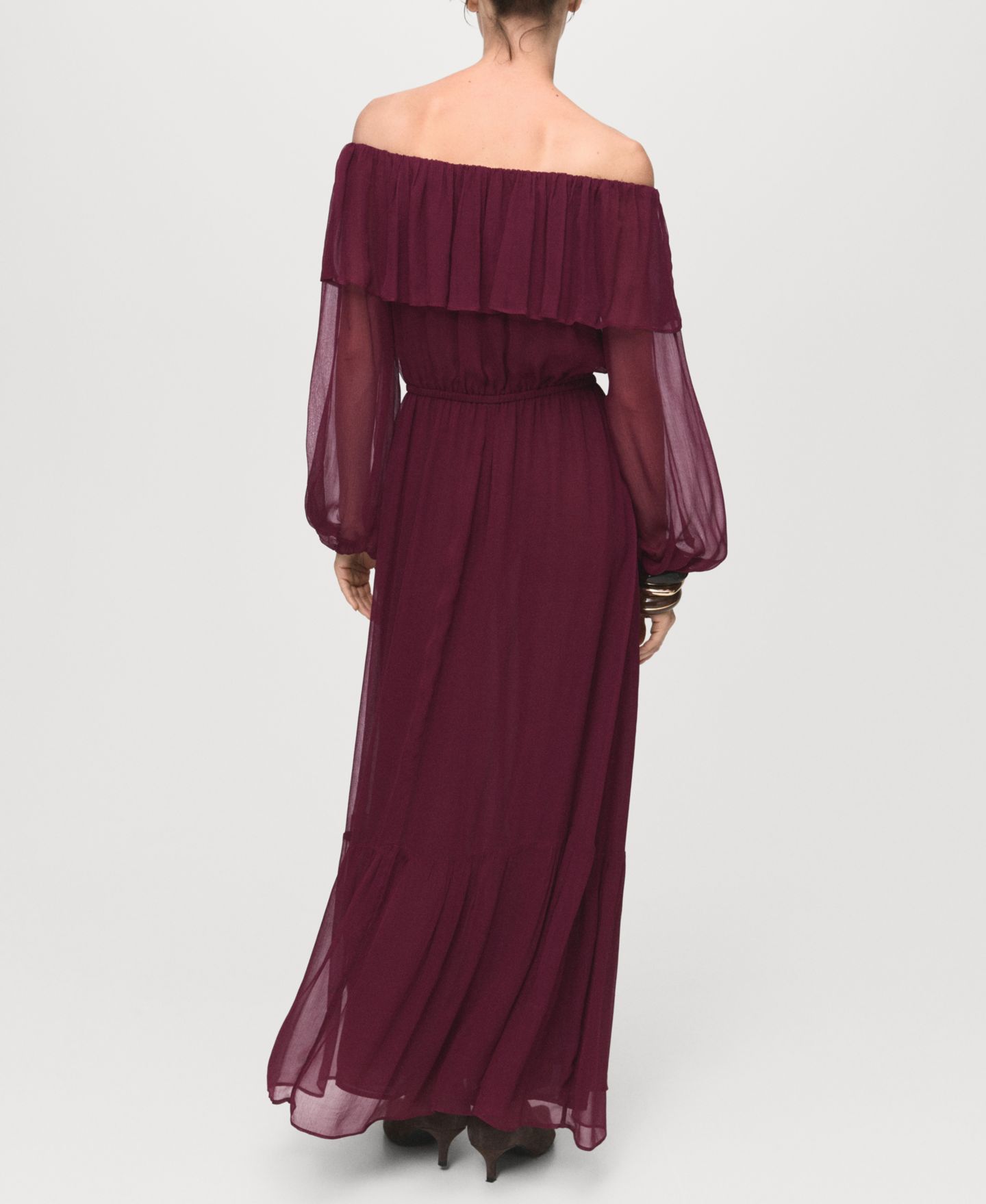 Женское платье MANGO Ruffles Strapless, цвет: Бордовый — фото 3