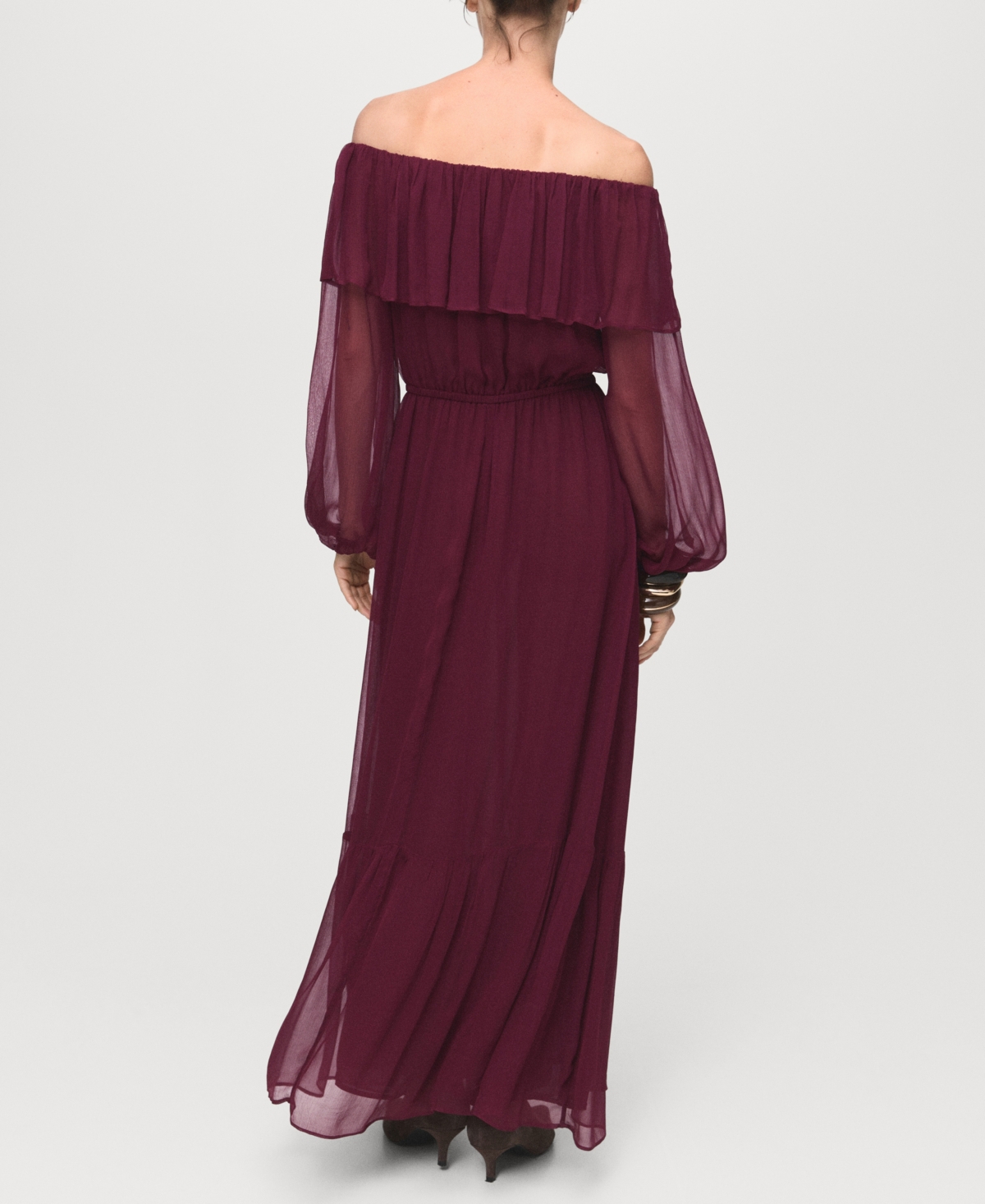 Mango Ruffle Off The Shoulder Long Sleeve Maxi Dress In Burgundy