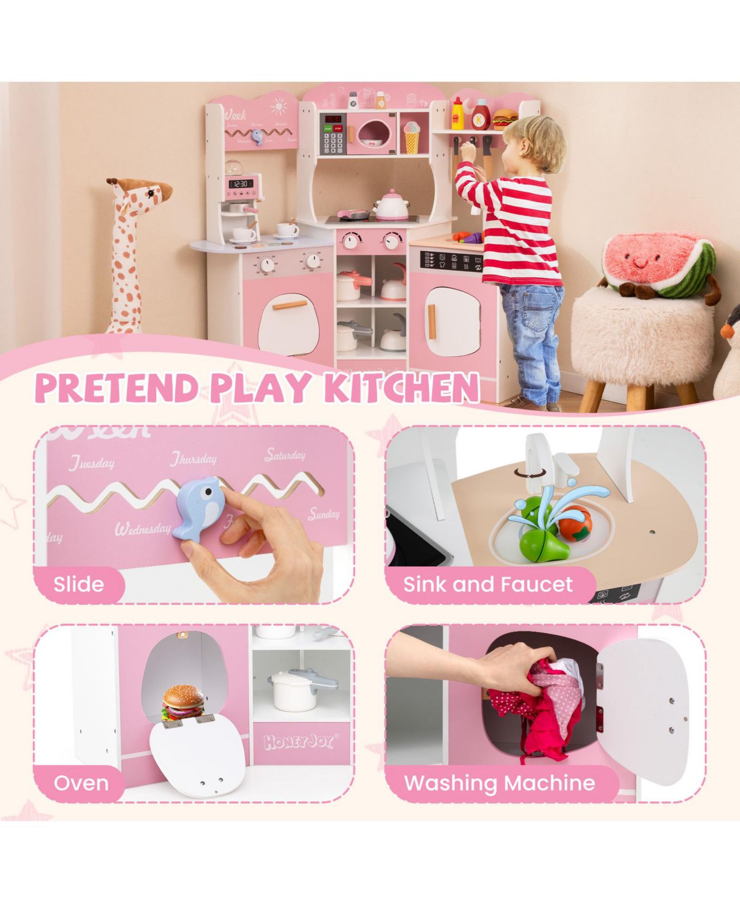 Детская игрушка SKONYON Wooden Play Kitchen with Coffee Machine and Slide, Ages 3+, цвет: Розовый — фото 3