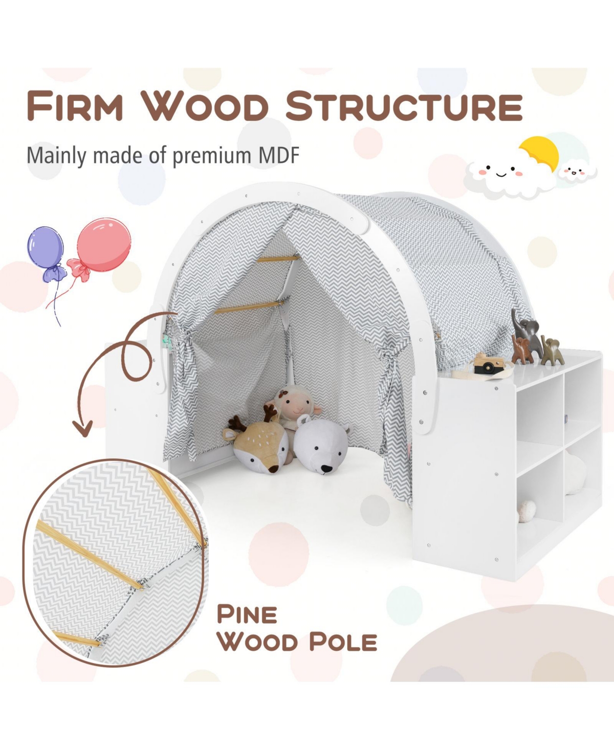 Skonyon Wooden Kids Play Tent with Curtain Shades and 8 Cubbies-White