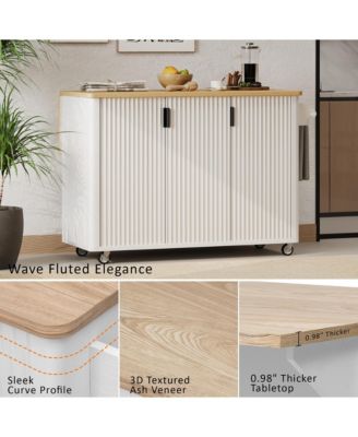51" Fluted Kitchen Island with Drop Leaf, Rolling Kitchen Cart with Internal Storage Rack and Towel Holder