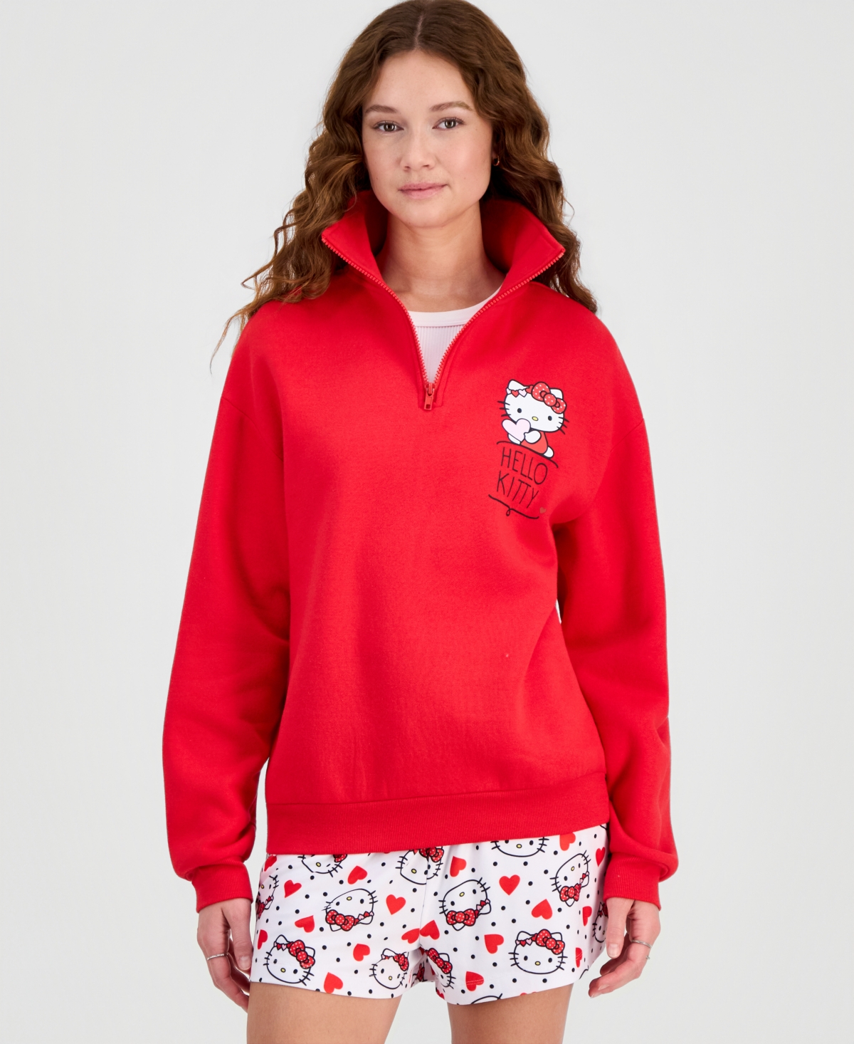 Love Tribe Juniors' Hello Kitty Valentine's Day Quarter-Zip Fleece Sweatshirt
