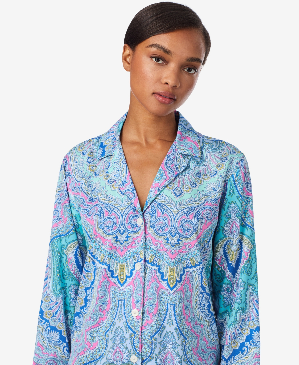 Ralph Lauren Women's Petite Long Sleeve Notch Collar Long Pant Pajama Set In Multi