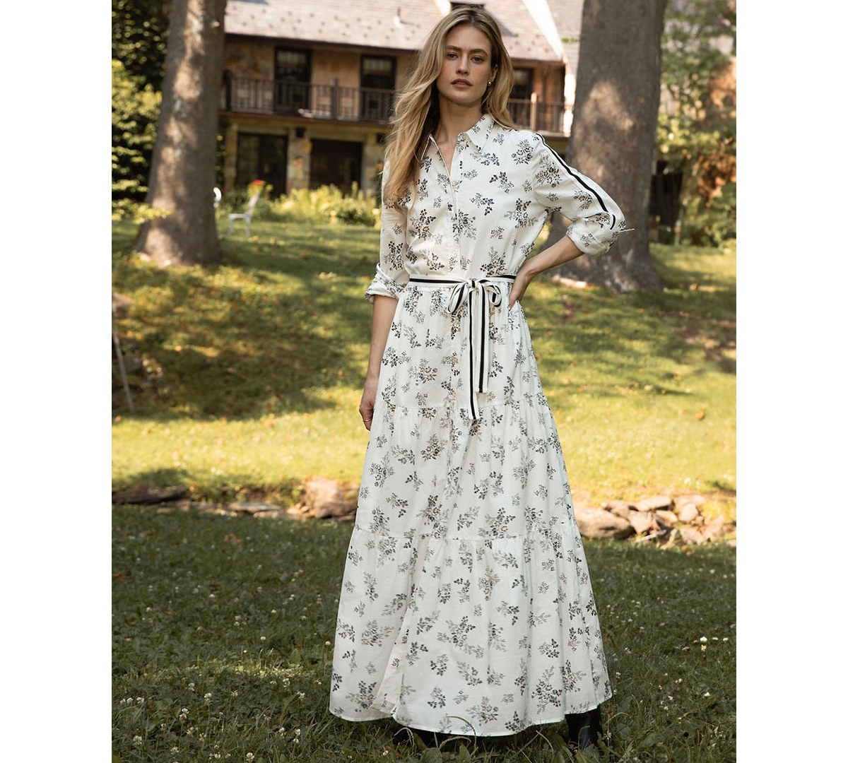 CeCe Women's Floral Long Sleeve Tie-Waist Shirtdress