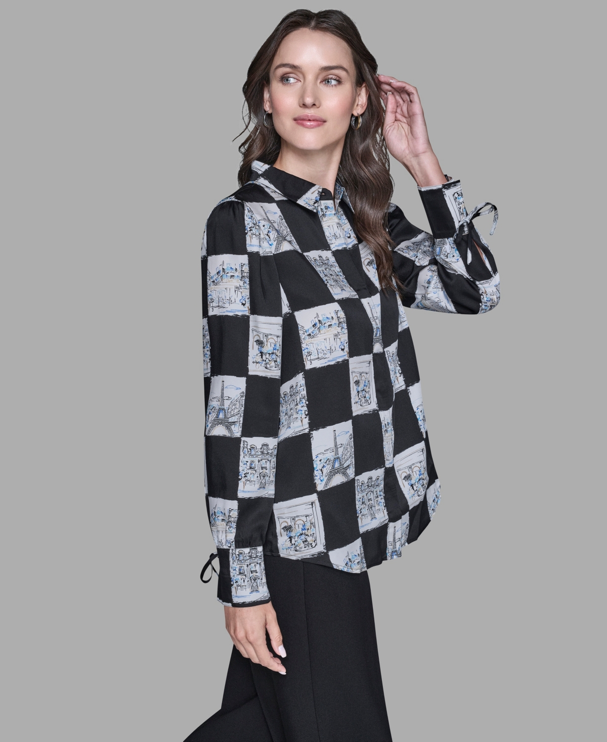 Karl Lagerfeld Women's Printed Collared Long-sleeve Blouse In Black
