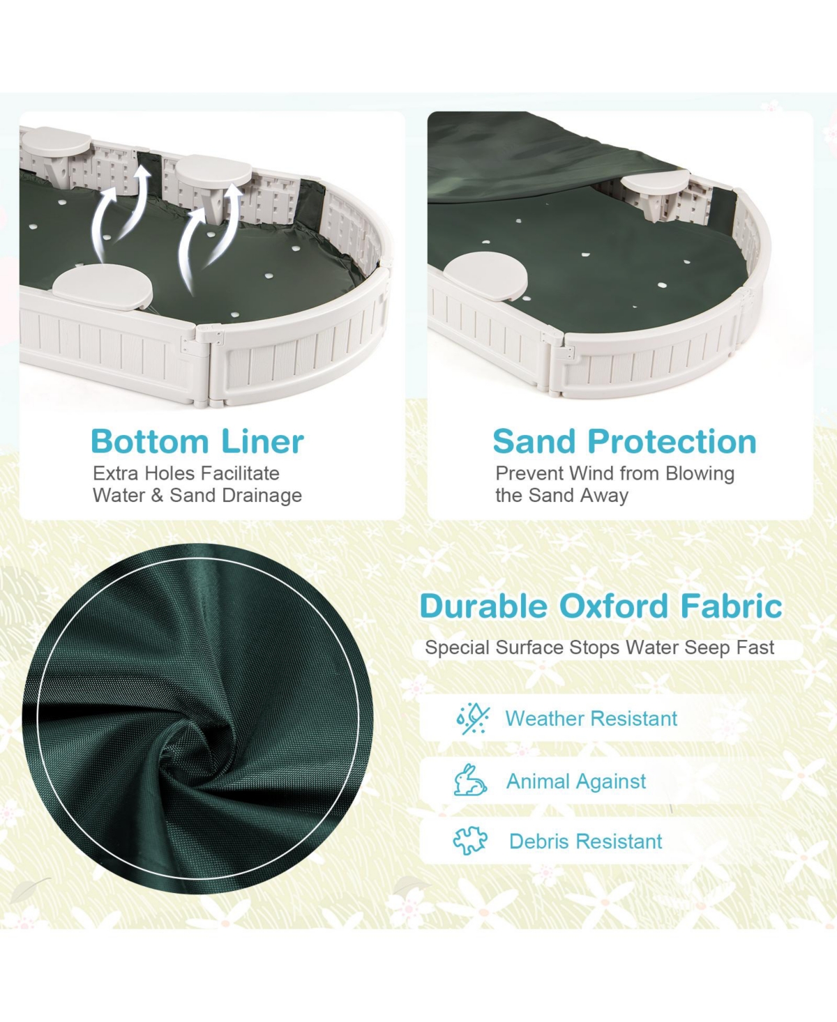 Skonyon 6 Feet Kids Oval Sandbox with Built-in Corner Seat and Bottom Liner