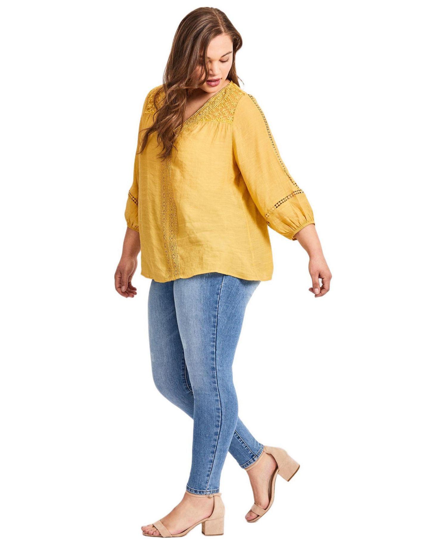 Women's Plus Size Embroidered Lace Detail Peasant Blouse