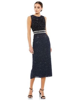 mac duggal vertical sequin midi sheath dress Mac Duggal Nude Sleeveless High Neck Beaded Midi Sheath Dress Size US 6
