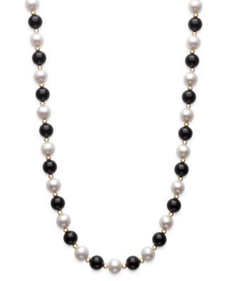 Freshwater Pearl (7.5-8.5mm), Black Onyx and Gold Bead Necklace in 10k Yellow Gold