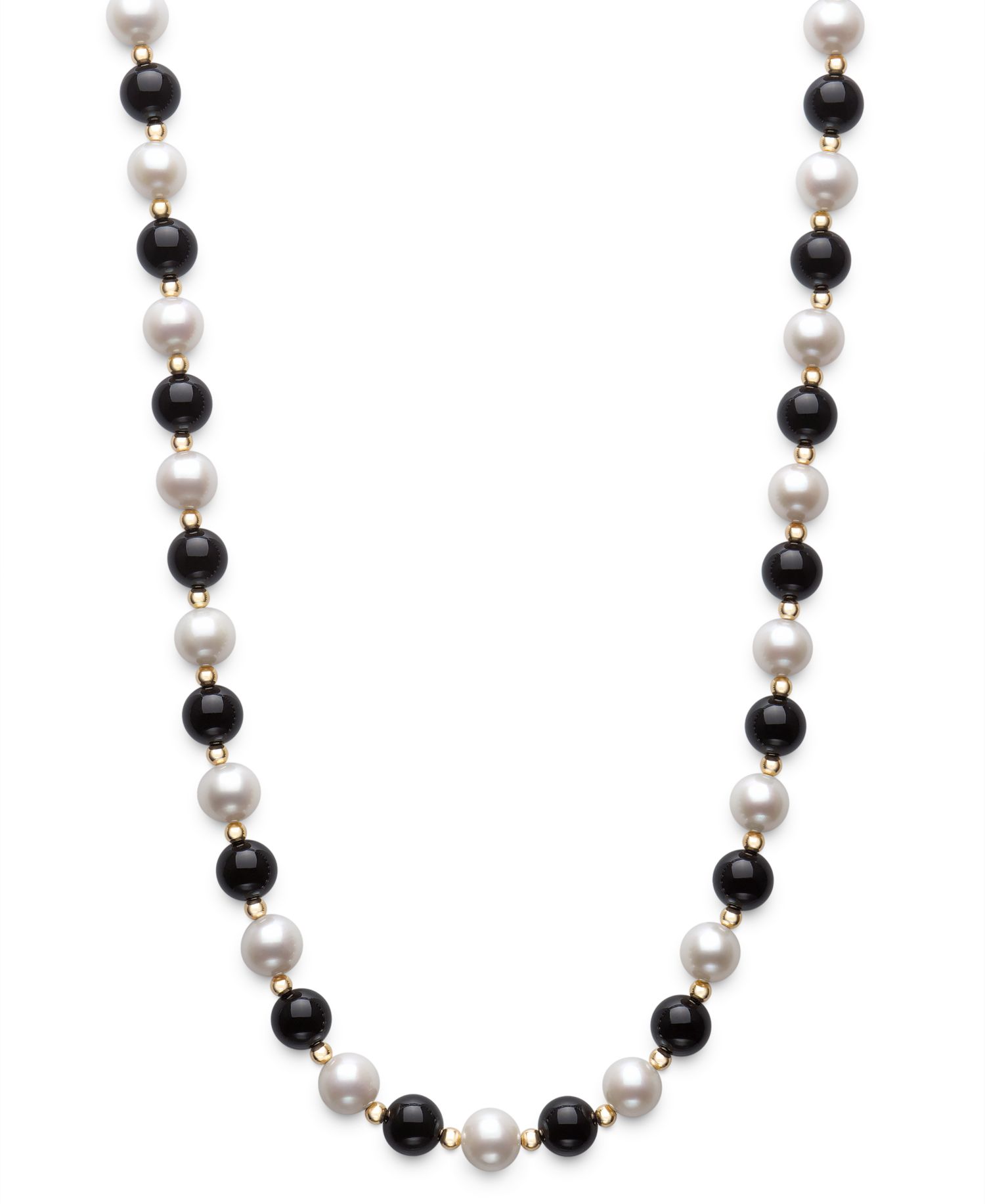 Freshwater Pearl (7.5-8.5mm), Black Onyx and Gold Bead Necklace in 10k Yellow Gold