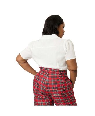 Plus Size 1940s Short Sleeve Collared Button Down Woven Blouse