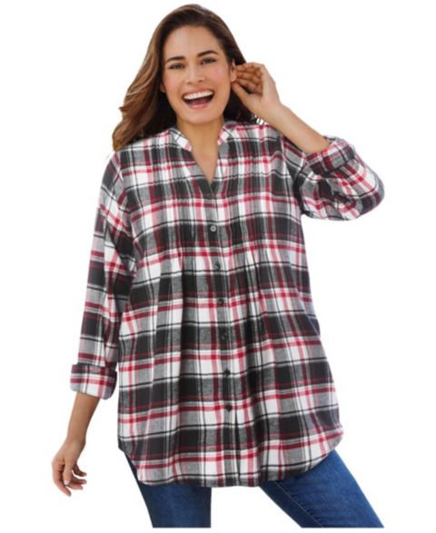 Женская рубашка Woman Within Plus Size Within Pintucked Flannel, цвет: Чёрный красный клетчатый
