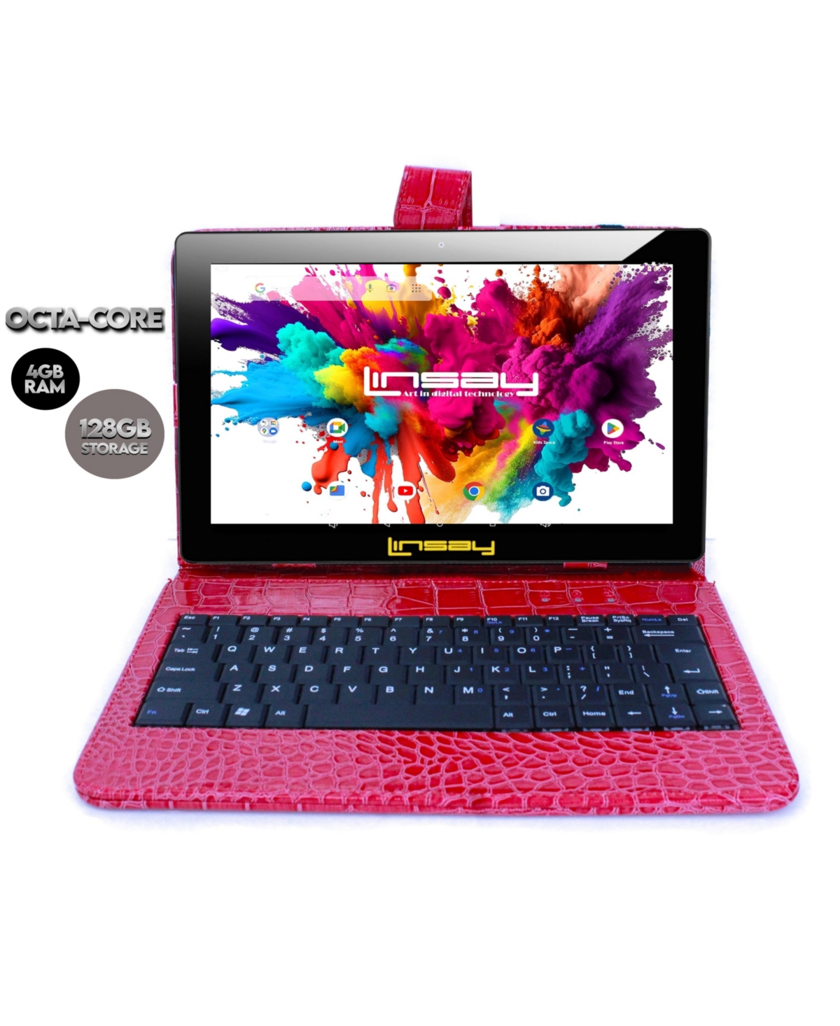 Linsay New 10.1" Tablet Octa Core 128GB Android 14 Exclusive Luxury Red Crocodile Keyboard case