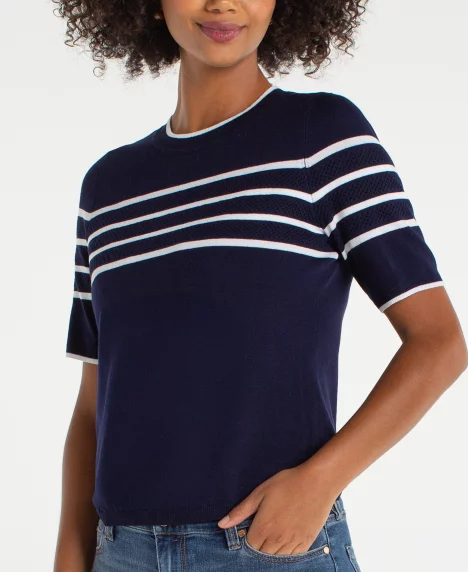Women's Petite Crewneck Stripe Detail Sweater - Navy White Stripe