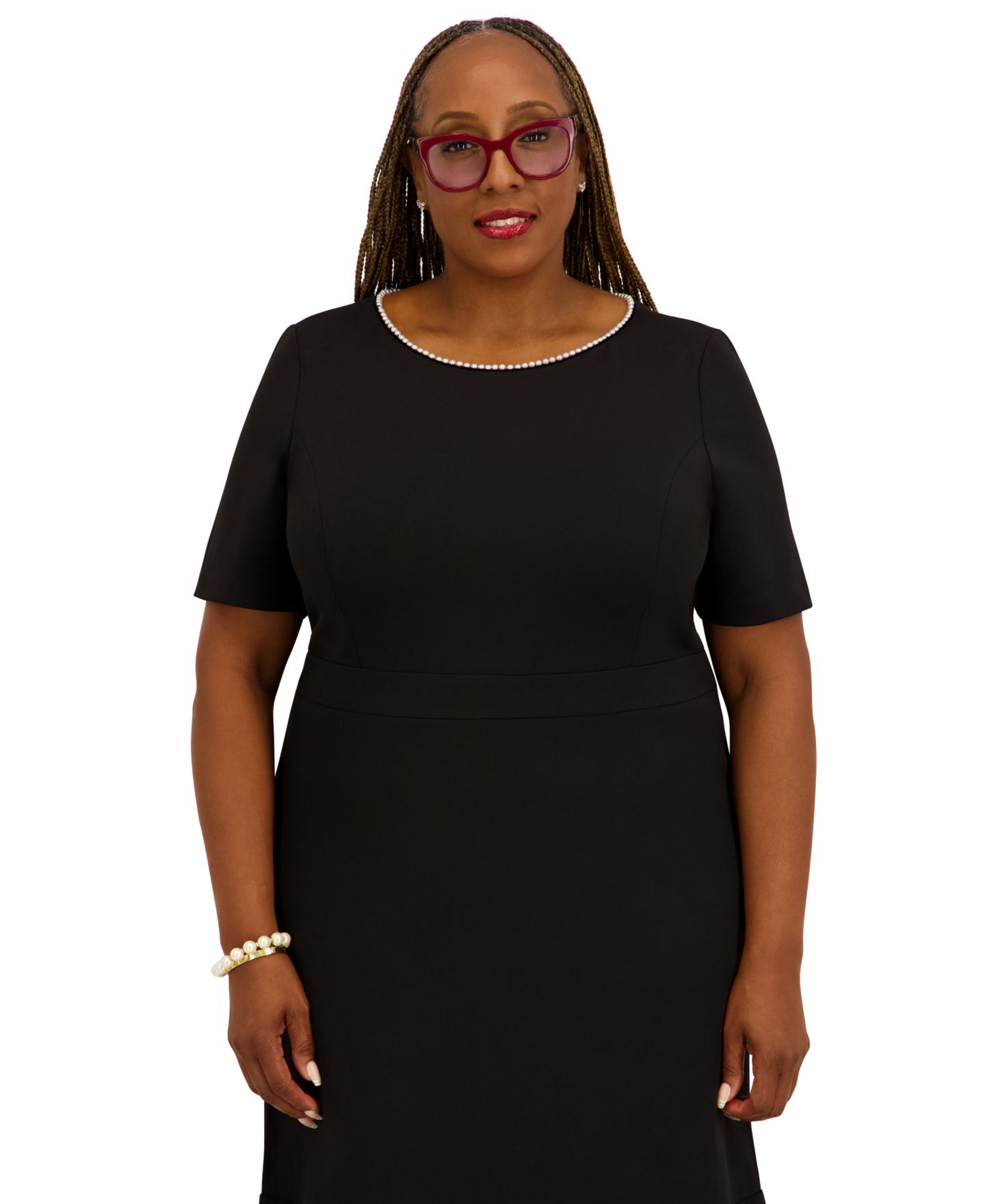 Женское платье Kasper Round Neck Knee Length Ruffle Skirt Dress, Regular and Plus Size, цвет: Чёрный — фото 4