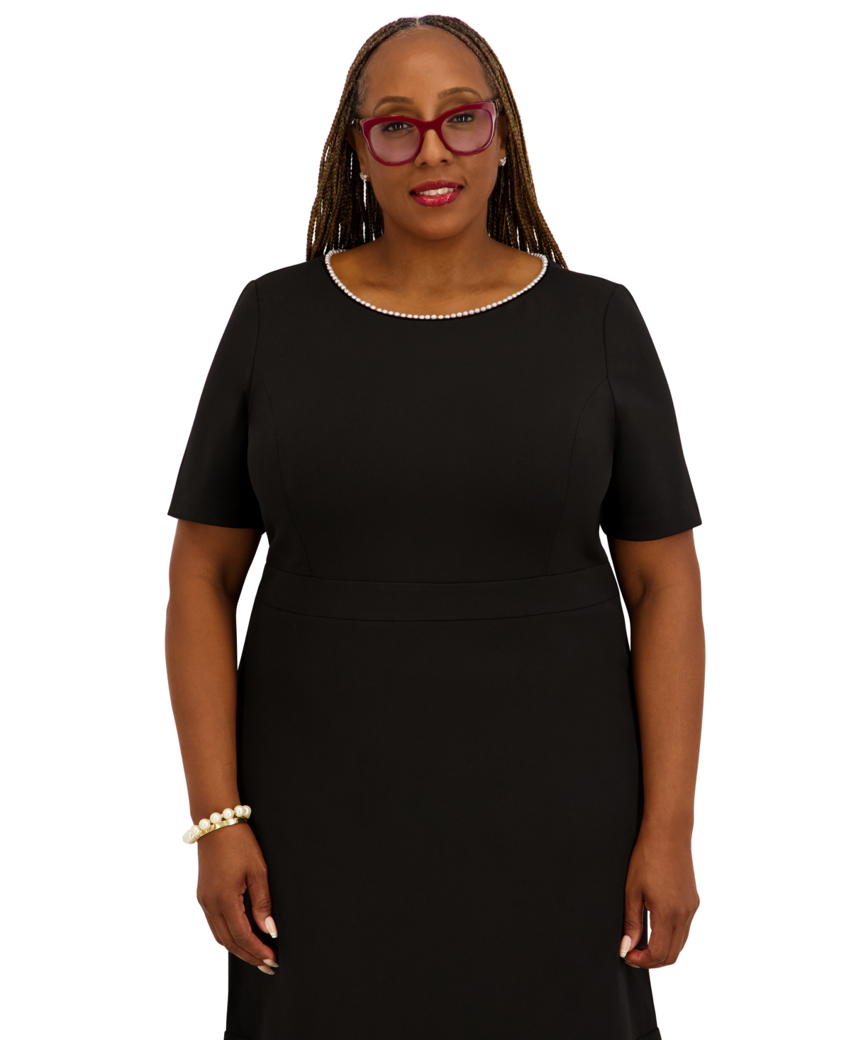 Kasper Women's Round Neck Knee Length Ruffle Skirt Dress, Regular and Plus