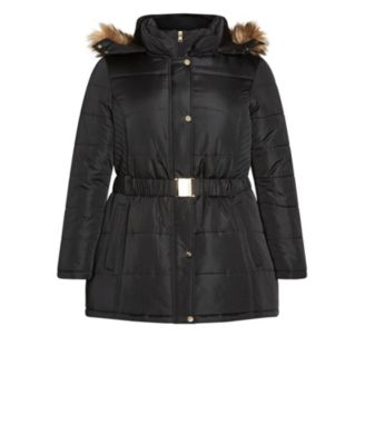 Women's Plus Size Belted Hood Puffer Coat
