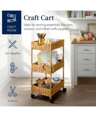 3-Tier Water Hyacinth Rolling Utility Cart w/ Weaved Baskets