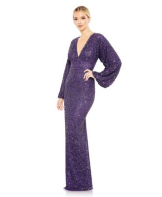 Women's Sequined Puff Sleeve V Neck Gown