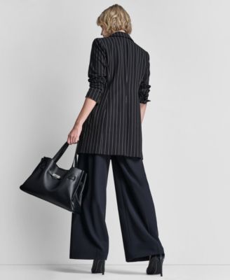 Dkny Womens One Button Notch Collar Jacket Short Sleeve Zip Up Top Pintuck Wide Leg Pants In Black