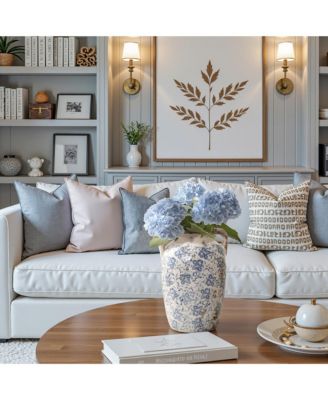 Vintage Blue Floral Vase with Handles, Decorative Ceramic Jar for Farmhouse Decor