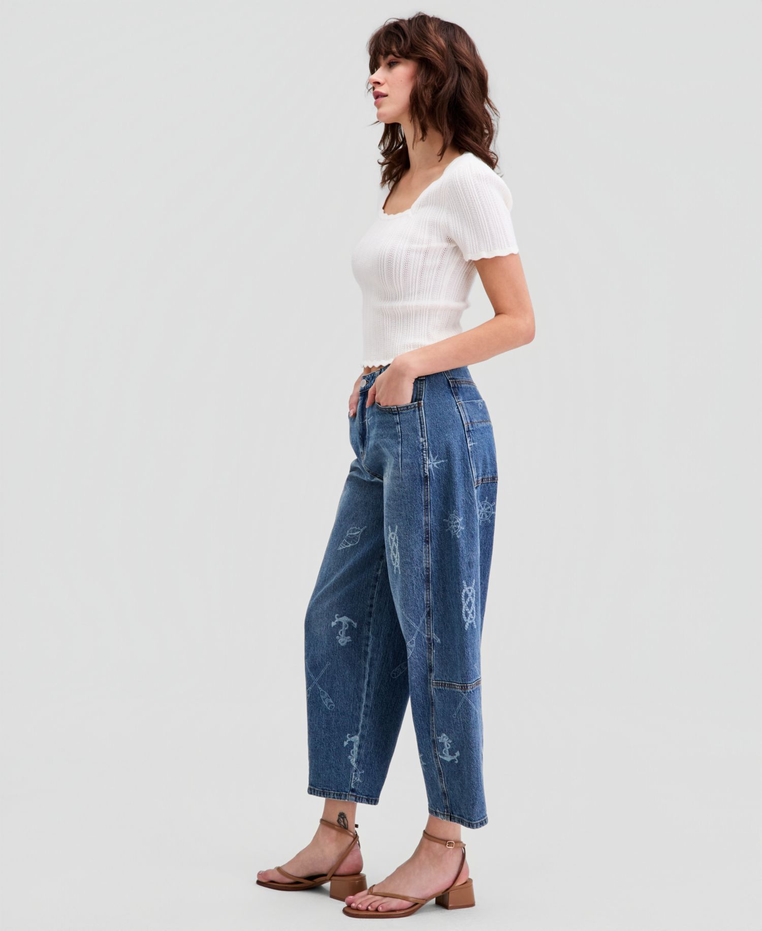 Women's Nautical Print Barrel-Leg Jeans