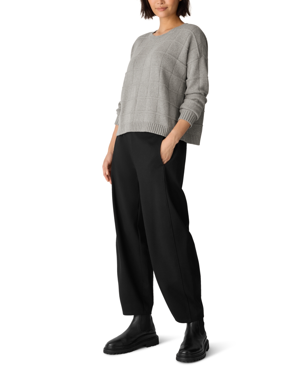 Eileen Fisher Check Cotton And Cashmere-blend Jumper In Gray