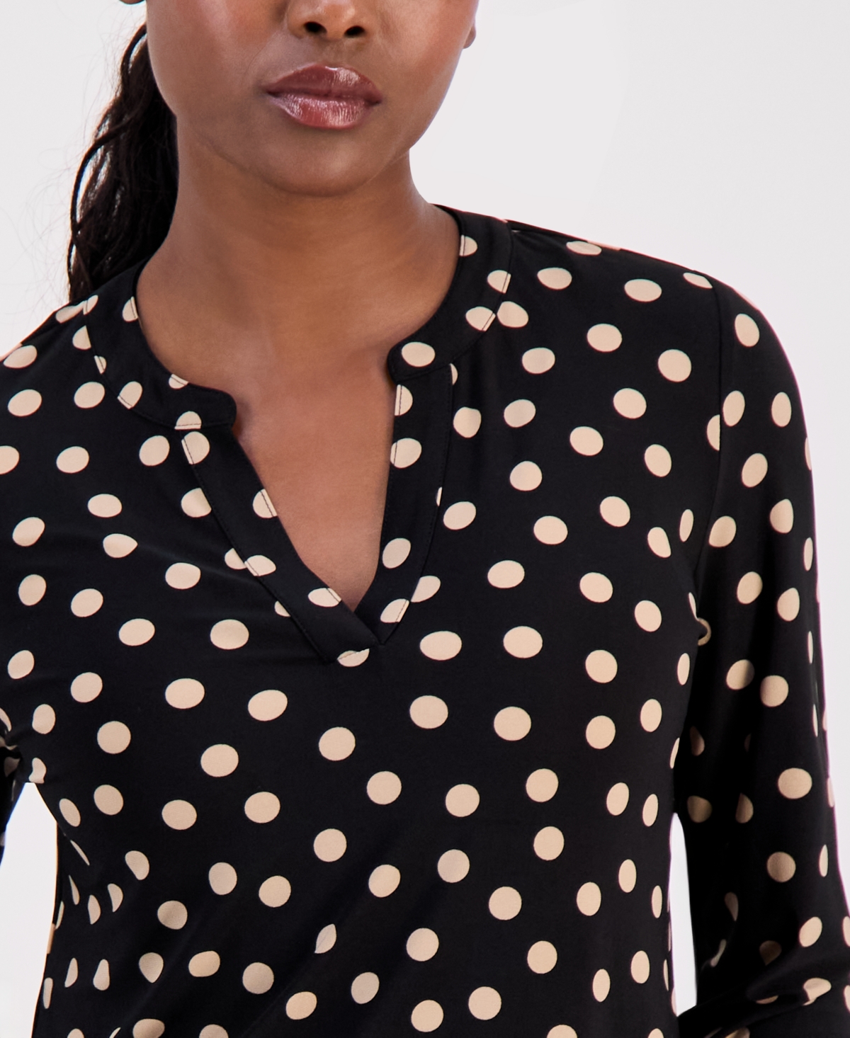 Ak Anne Klein Petite Split-Neck Elastic-Cuff Top