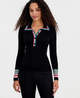 Women's Striped-Trim Collared Button Top