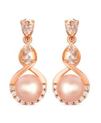 Freshwater Pearl (6-7mm), Morganite (0.50 ct. t.w.) & Diamond (0.13 ct. t.w.) Earrings in 14k Strawberry Gold