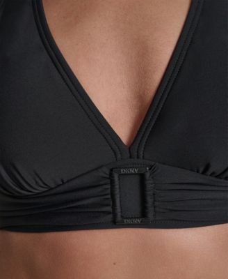 Women's Shirred Buckle Front V-Neck Halter Top