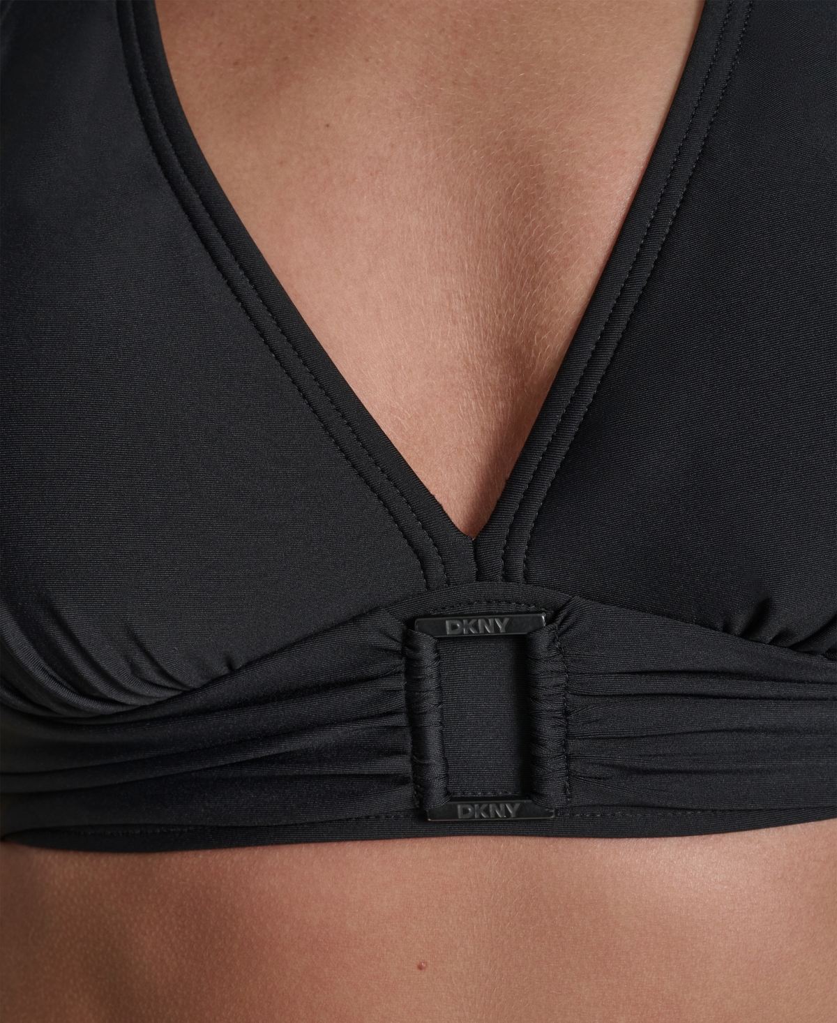 Dkny Women's Shirred Buckle Front V-neck Halter Top In Black