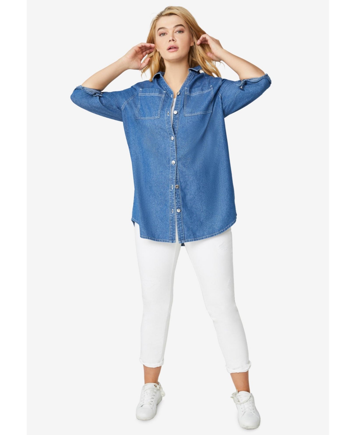 ellos Women's Denim Button-Front Tunic