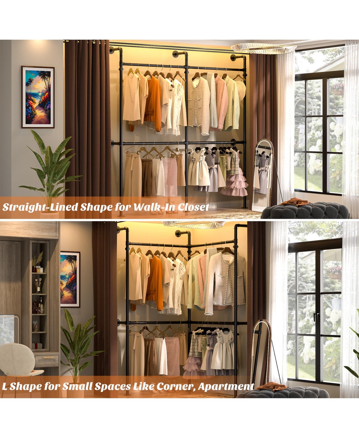 Aheaplus 3.5-13.5 Ft Reversible Wall Mounted Industrial Metal Pipe Clothing Rack for Hanging Clothes