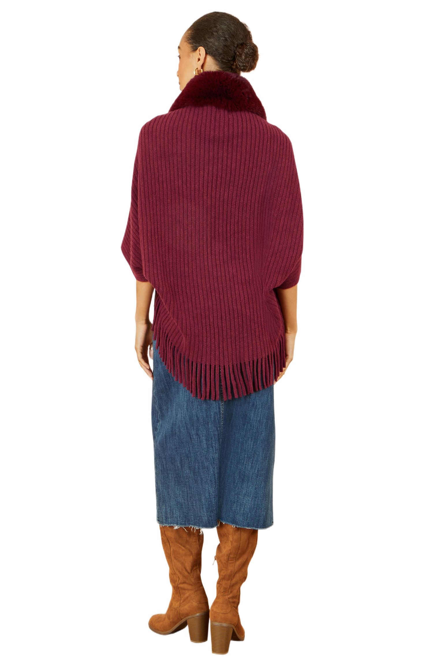 Women's Fur Collar Shrug With Tassel Hem