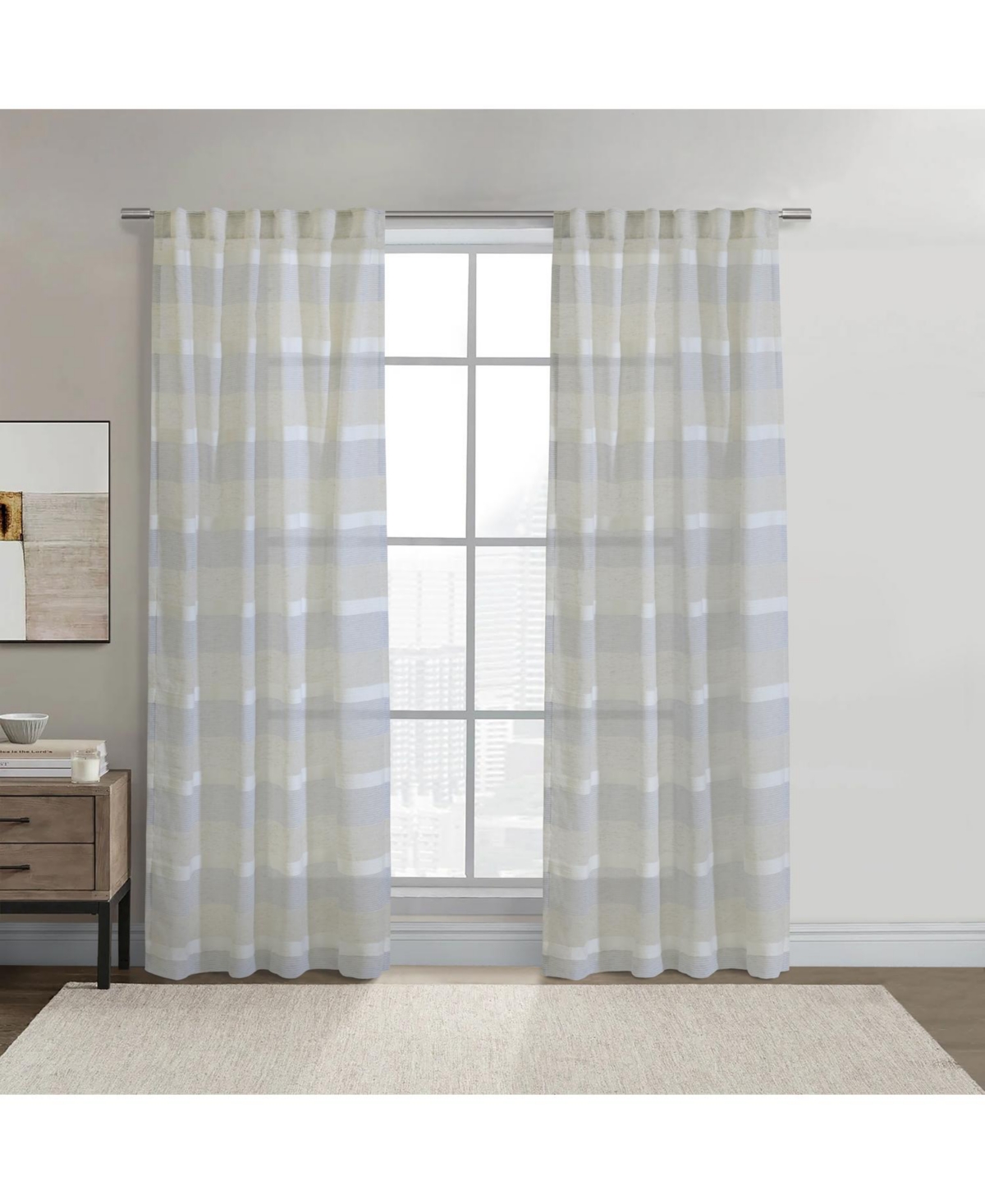 Habitat 100% Polyester Nathan Stripe Sheer Faux LinenDual Header Curtain Panel