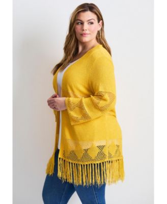 Women's Plus Size Pointelle Fringe Cardigan