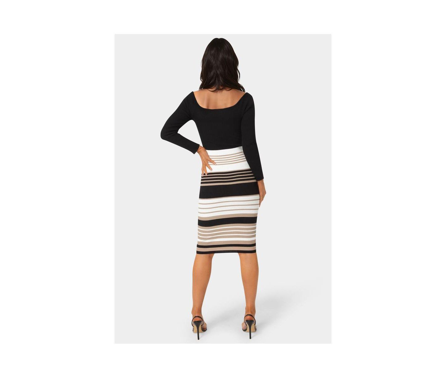 Женское платье Bebe Off Shoulder Stripe, цвет: Чёрный рыжевато-коричневый — фото 3