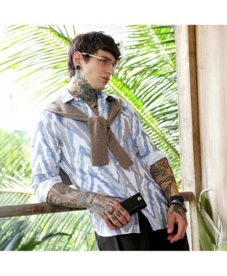 Men's Icy Blue:Cream White Pastel-Geometric Jacquard Shirt