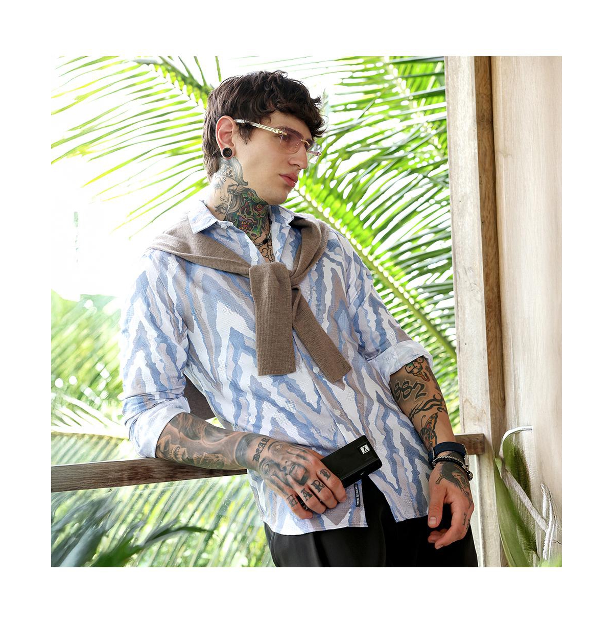 Campus Sutra Men's Icy Blue:Cream White Pastel-Geometric Jacquard Shirt