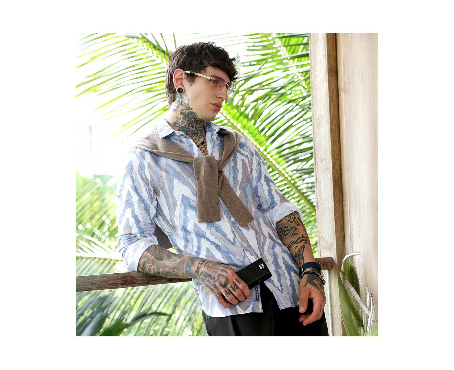 Men's Icy Blue:Cream White Pastel-Geometric Jacquard Shirt