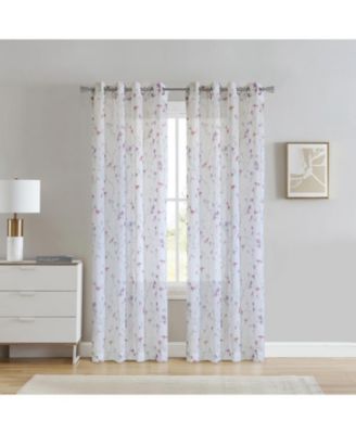 100% Polyester Hazel Sheer Faux Linen Floral Grommet Curtain Panel 52" x 63" in Pink