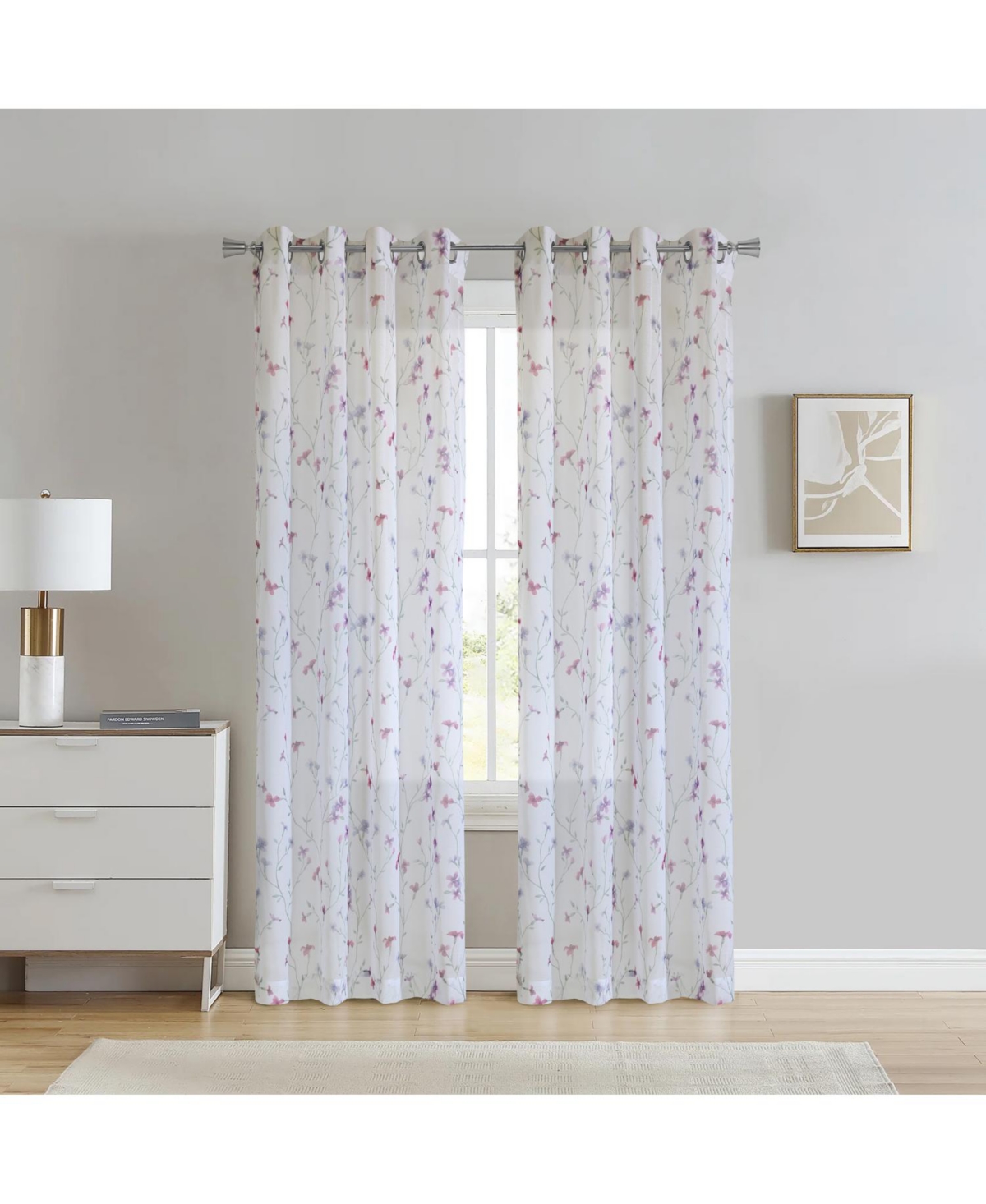 Habitat 100% Polyester Hazel Sheer Faux Linen Floral Grommet Curtain Panel 52" x 63" in Pink