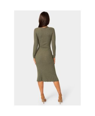 Womens Button Front V-Neck Sweater Midi Dress