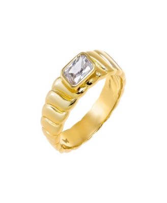Cubic Zirconia Bezel Gold Plated Asscher Ridged Band Ring