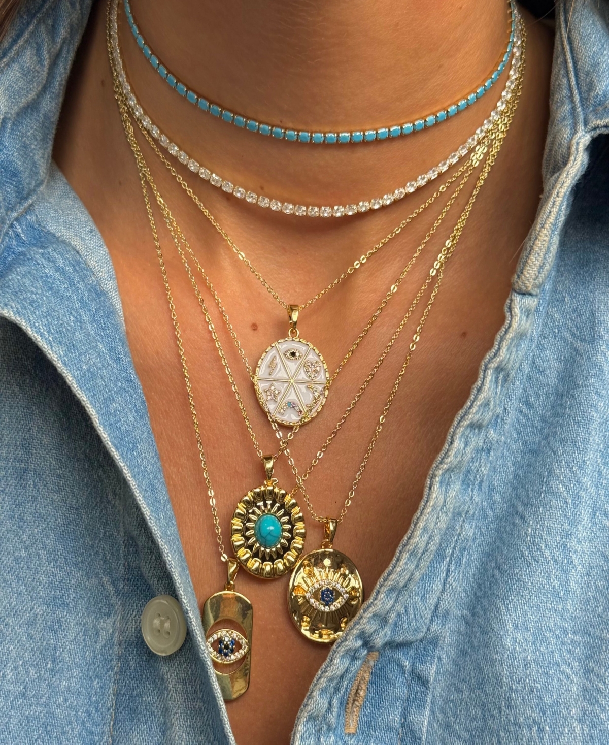 by Adina Eden Round Turquoise Stone Coin Necklace