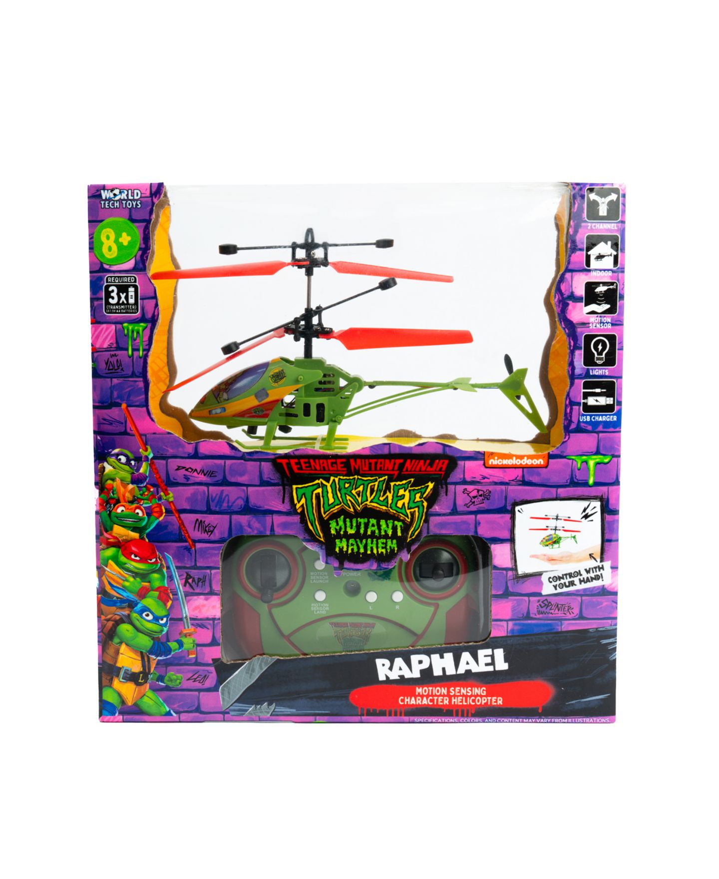 Детская игрушка World Tech Toys Teenage Mutant Ninja Turtles Mutant Mayhem Raphael LED Lights Remote Control Helicopter — фото 1