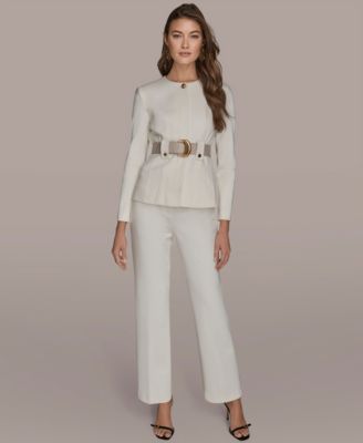 Donna Karan Womens Belted Long Sleeve Jacket Flared Mid Rise Pants In White
