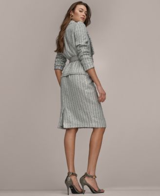 Women's Draped Lapel Collar Belted Sequin Detail Jacket, Sequin Detail Pencil Midi Skirt and Printed Turtle Neck Top