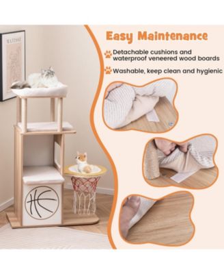 47 Inches Wooden Cat Tree with 2-Story Cat Condo and Basketball Hoop Hammock